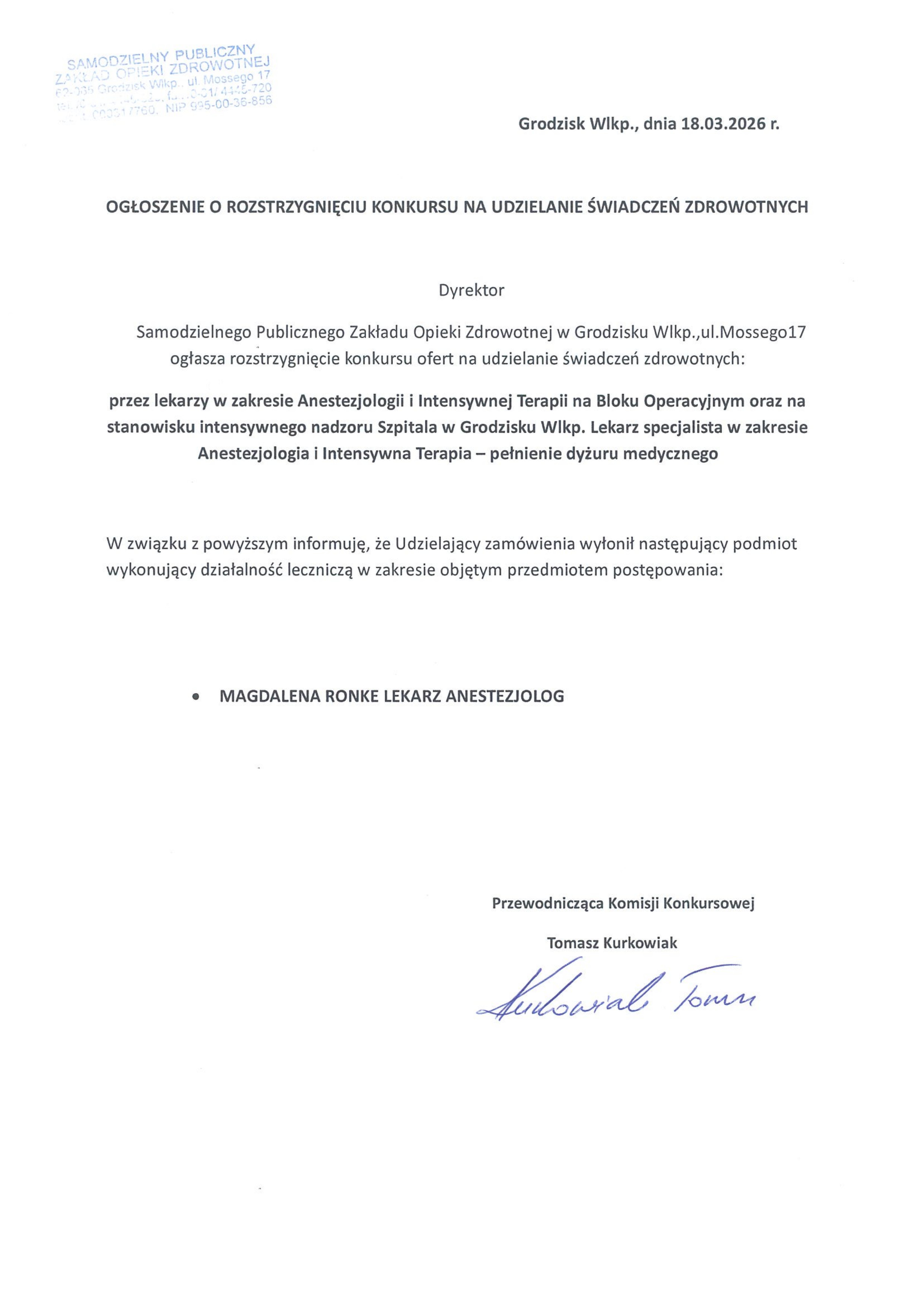 Rozstrzygnięcie konkursu - Magdalena Ronke