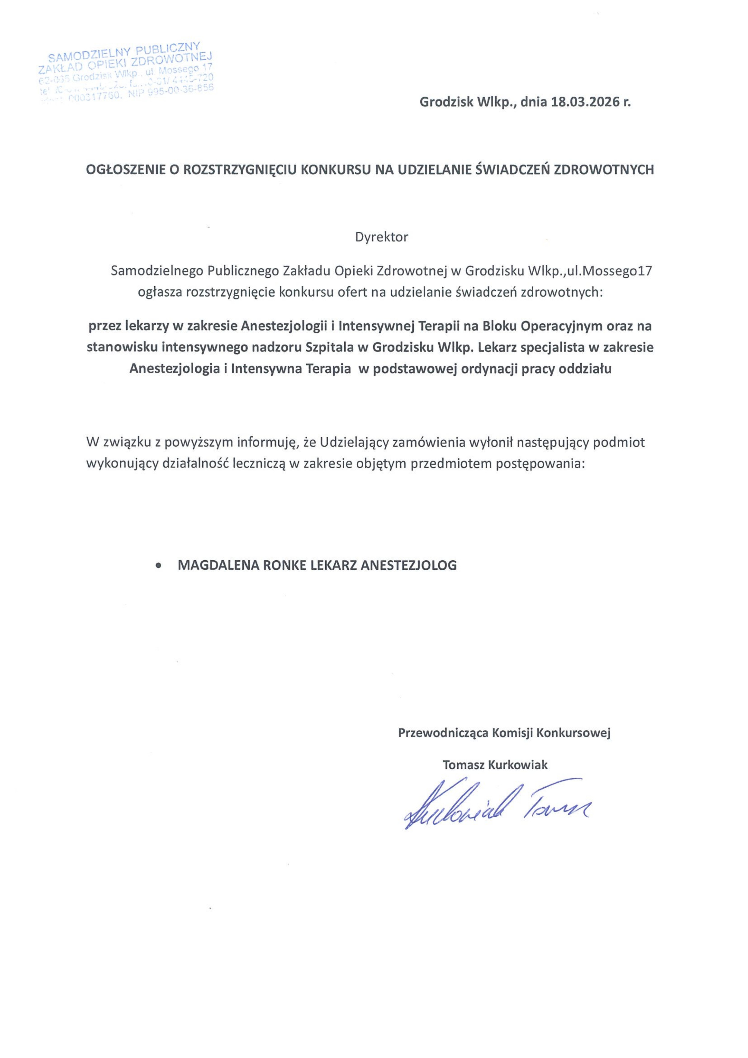 Rozstrzygnięcie konkursu - Magdalena Ronke