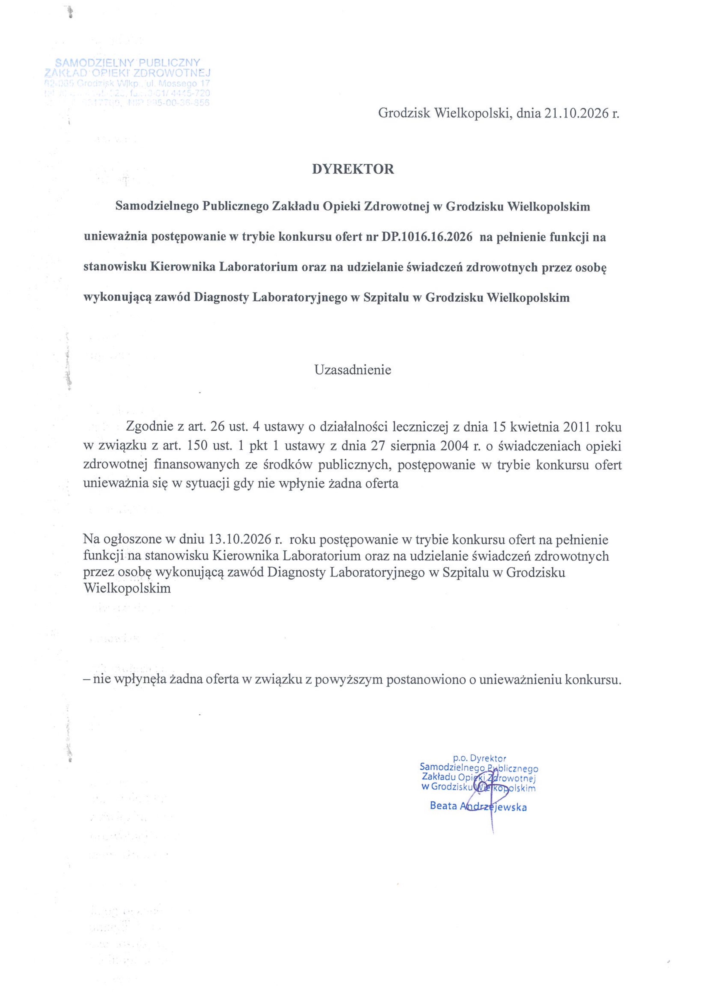 Unieważnienie konkursu Kierownik Laboratorium