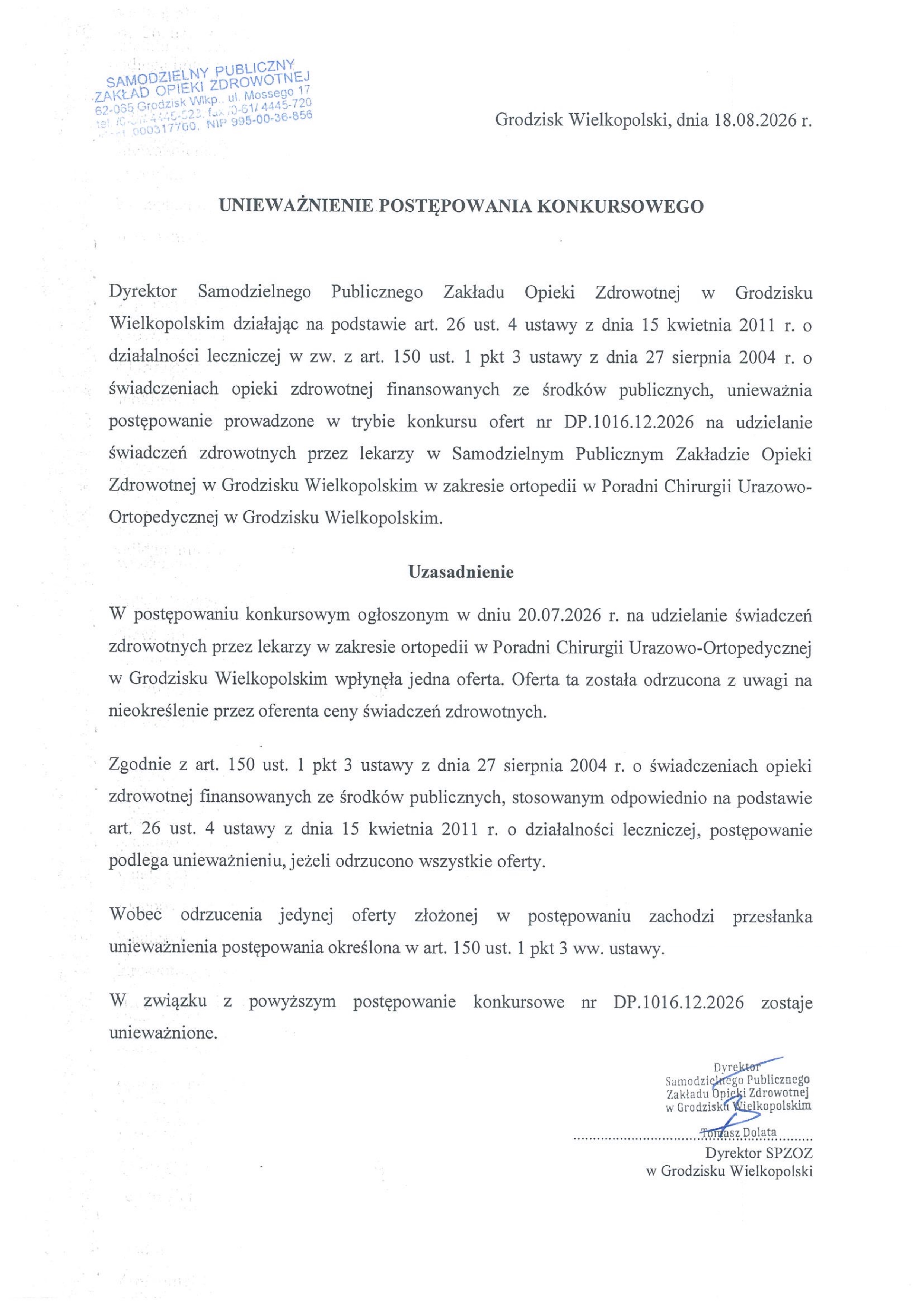Unieważnienie - Konkurs Poradni Ortopedycznej